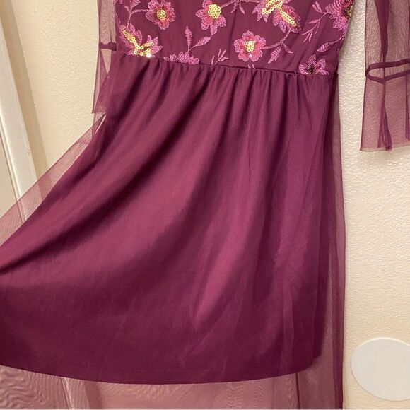 Purple lace floral mesh embroidered formal girls dress long sleeve XL 14-16 - Picture 7 of 10